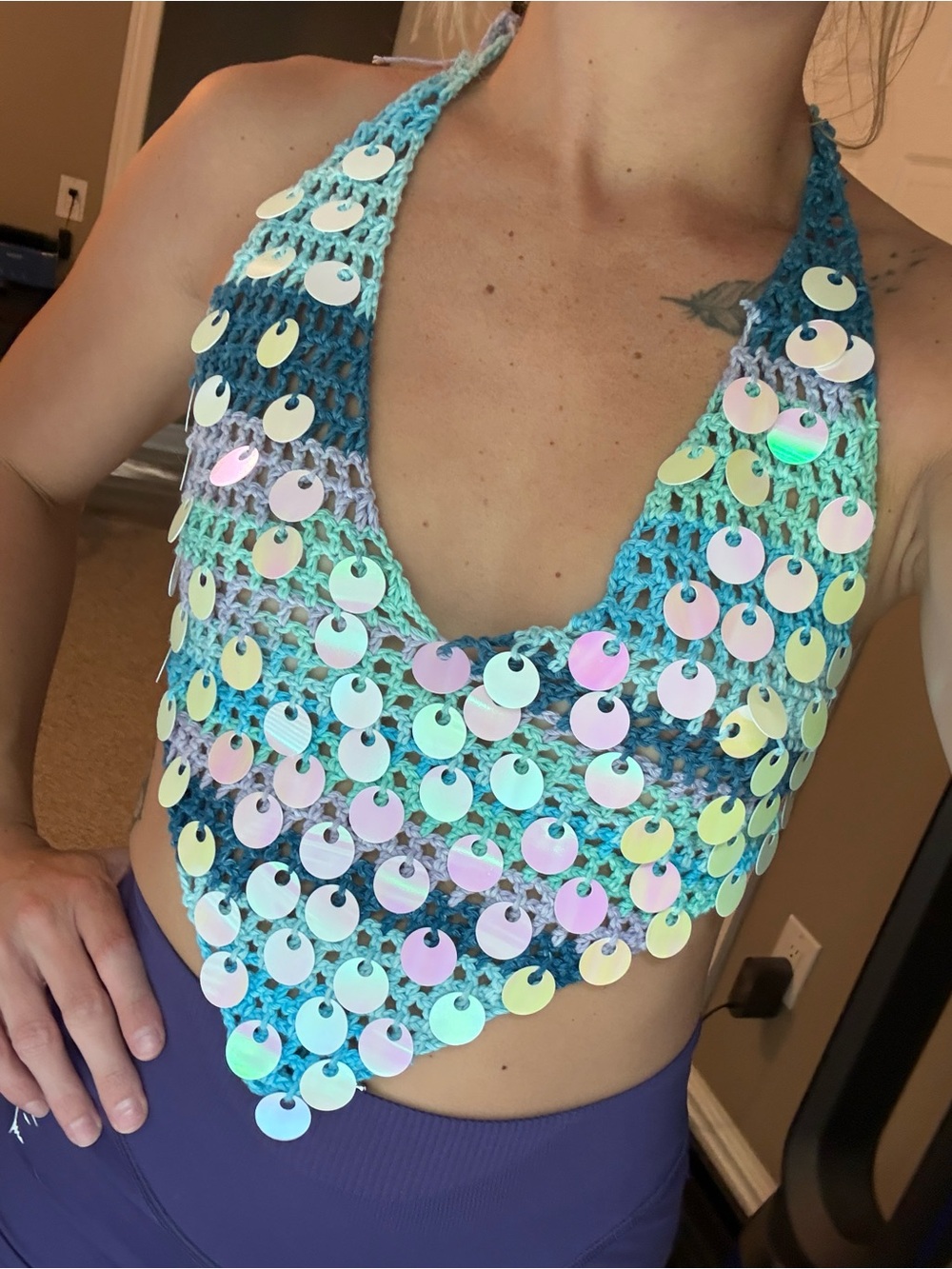 Handmade Iridescent Sequin Crochet Halter Top - Teal Blue